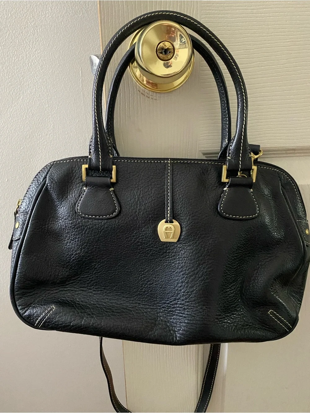 Etienne Aigner Black Pebbled Leather Satchel Crossbody Shoulder Bag Purse